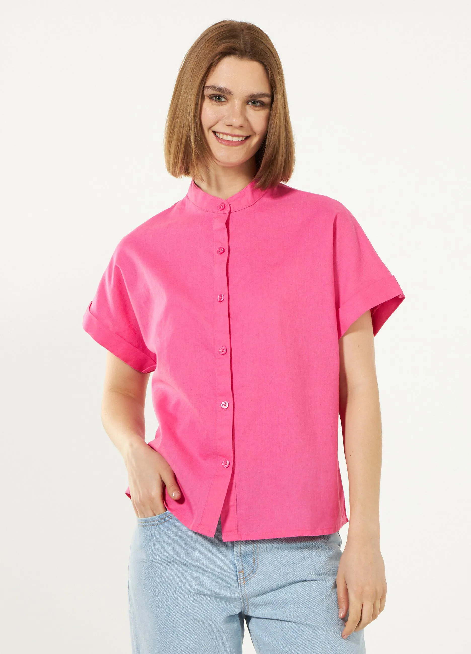 Camicia in misto lino con colletto alla coreana