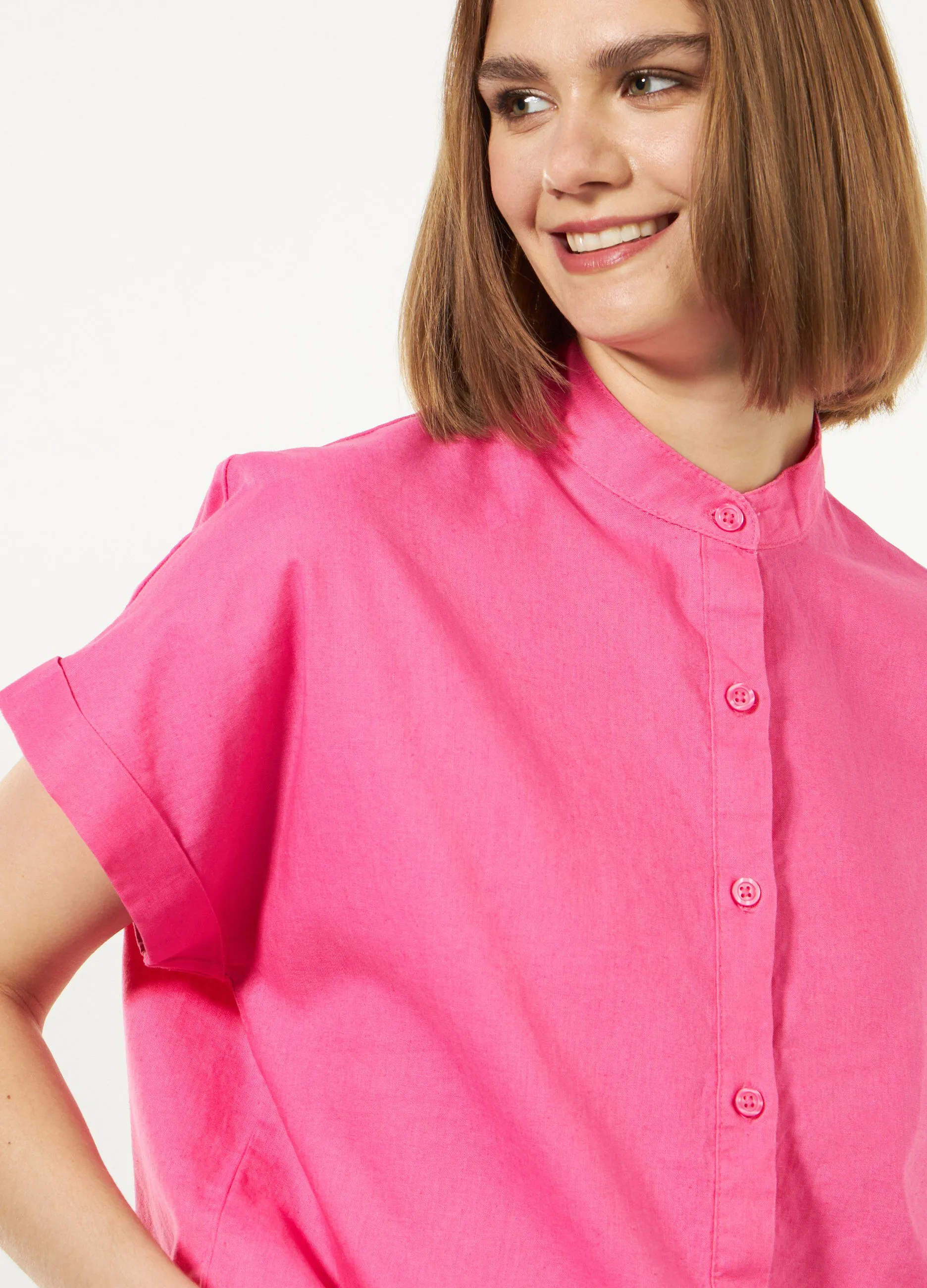 Camicia in misto lino con colletto alla coreana