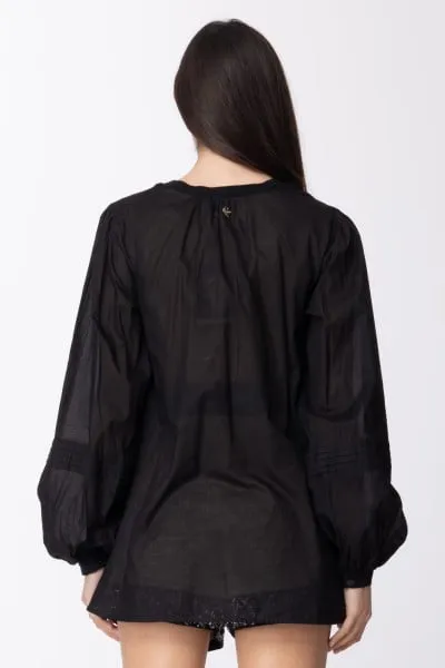 Camicia in mussola con inserto maglia in misto lino Nero