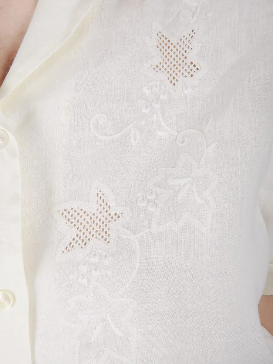 Camicia in puro lino giallo pastello con ricamo