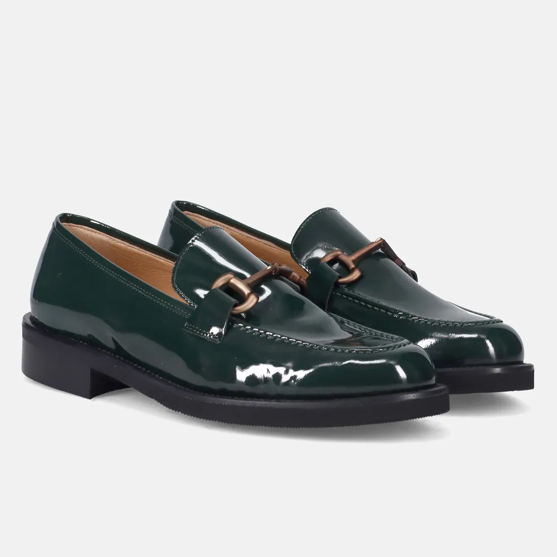 Mocassino da donna Luca Grossi in vernice verde con morsetto oro