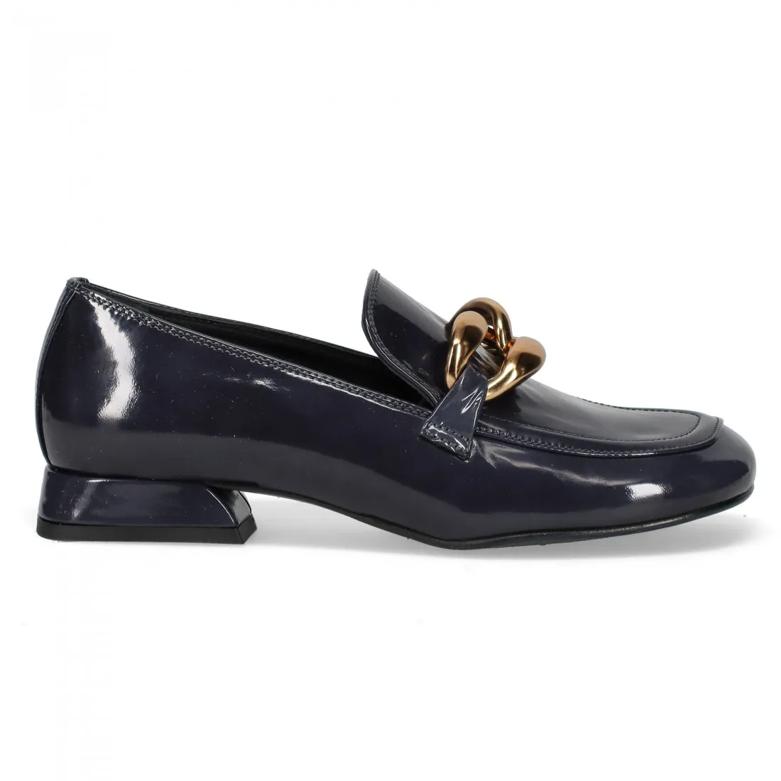 Mocassino da donna Poesie Veneziane blu in vernice con catena oro