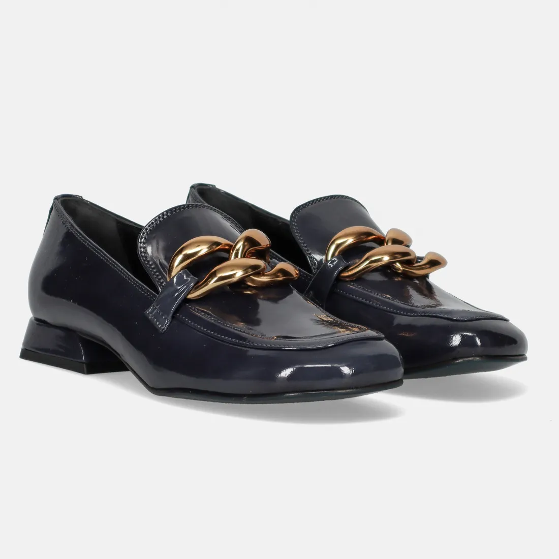 Mocassino da donna Poesie Veneziane blu in vernice con catena oro