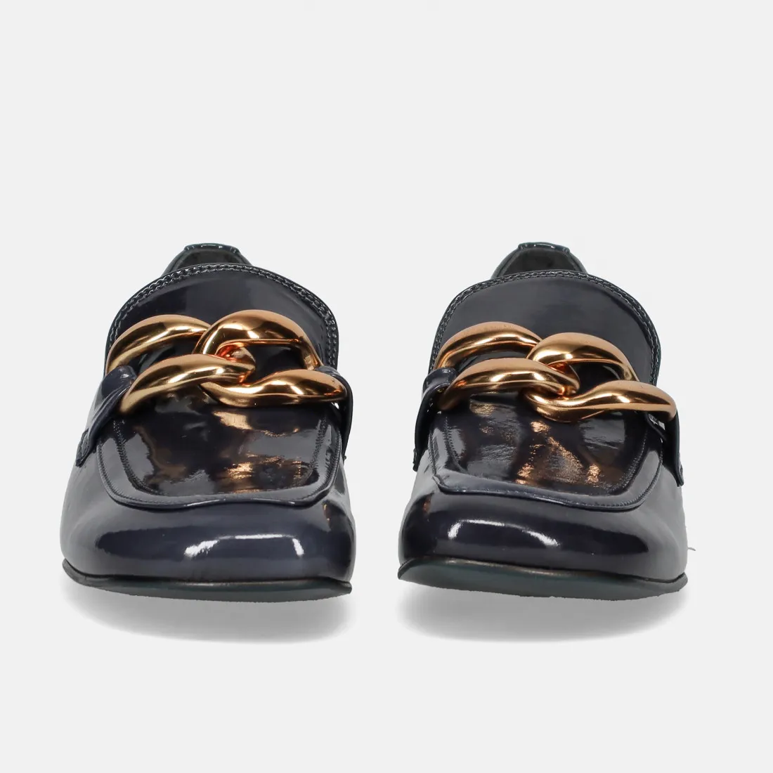 Mocassino da donna Poesie Veneziane blu in vernice con catena oro
