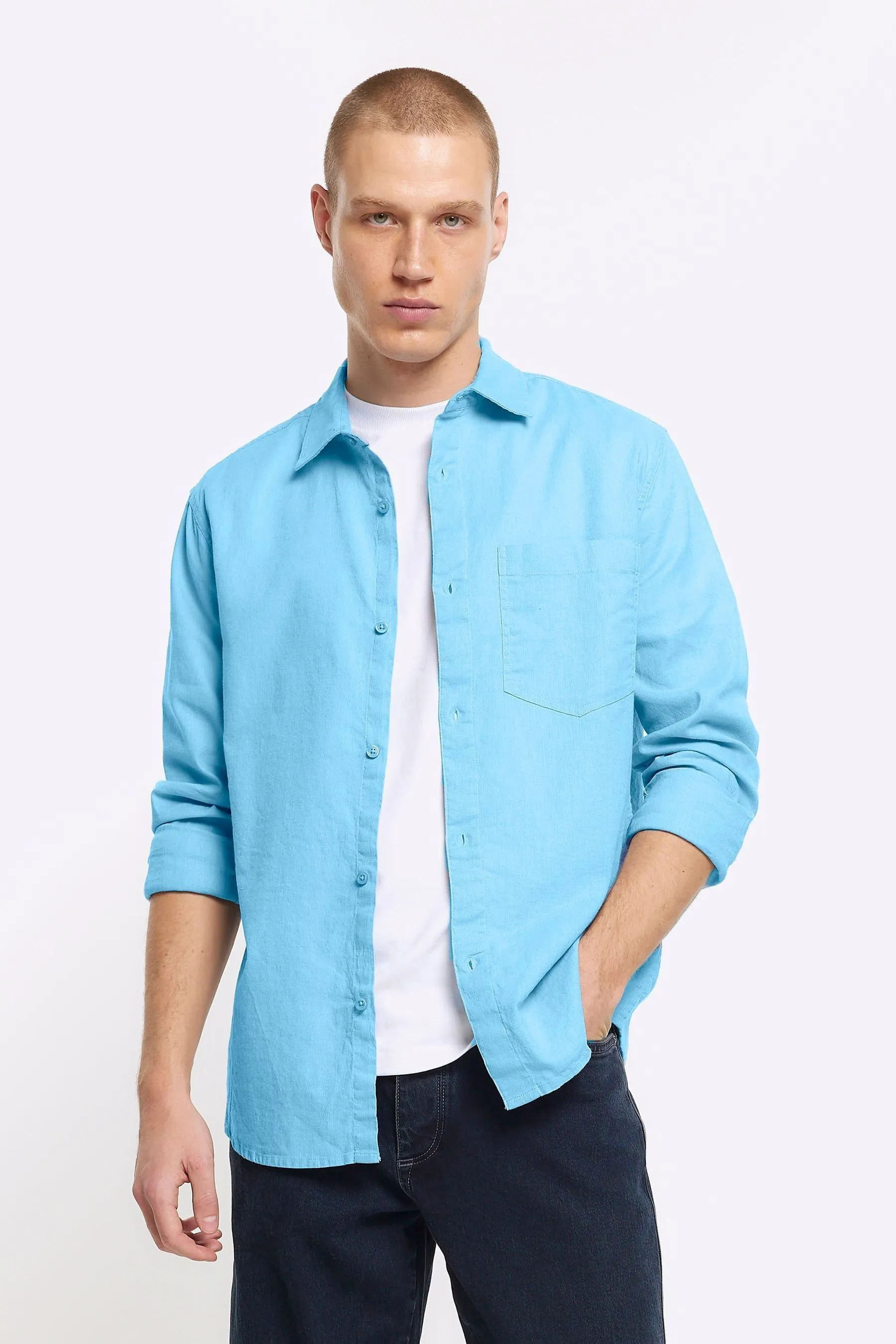 River Island - Camicia in lino a maniche lunghe
