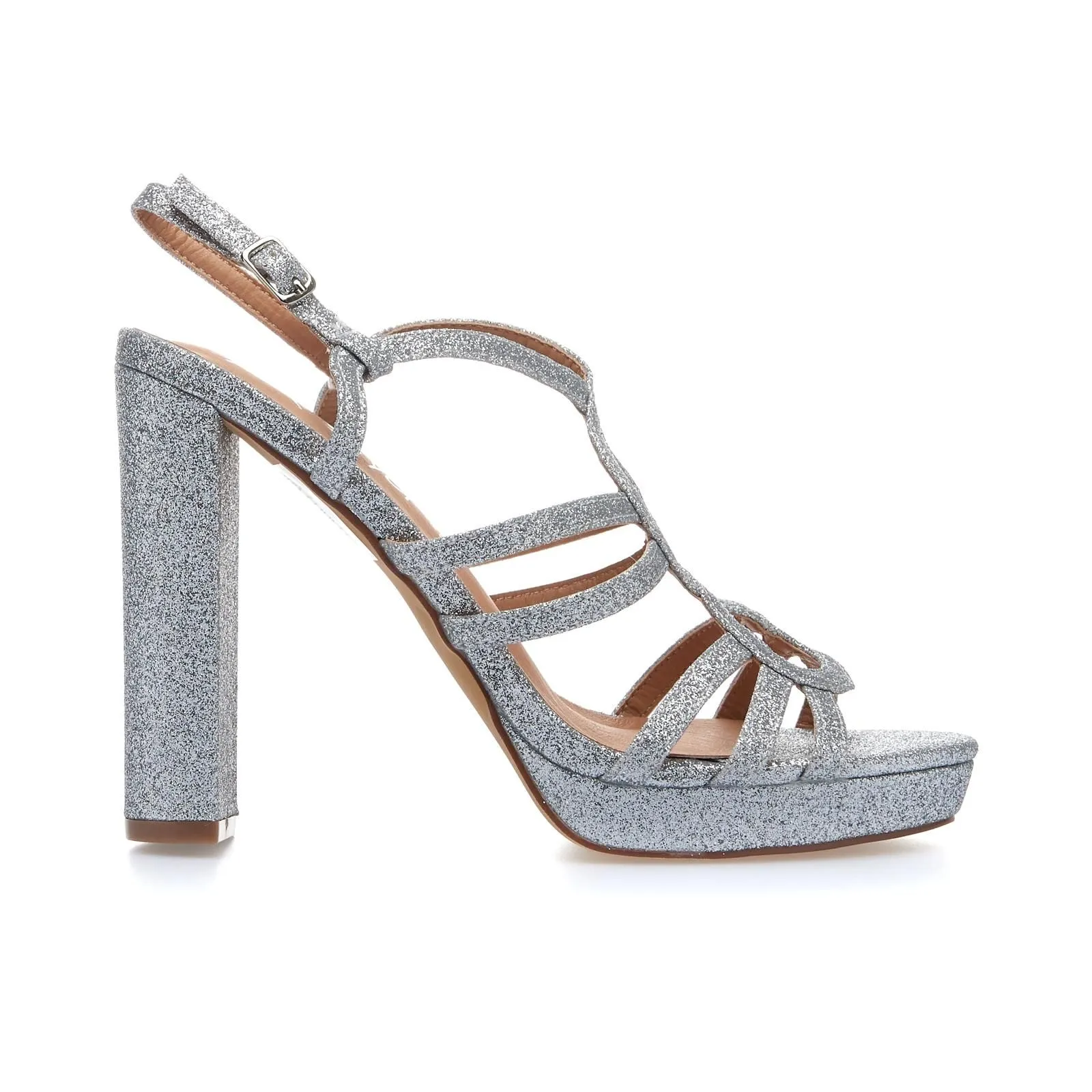 Sandali argento glitterati con tacco e plateau