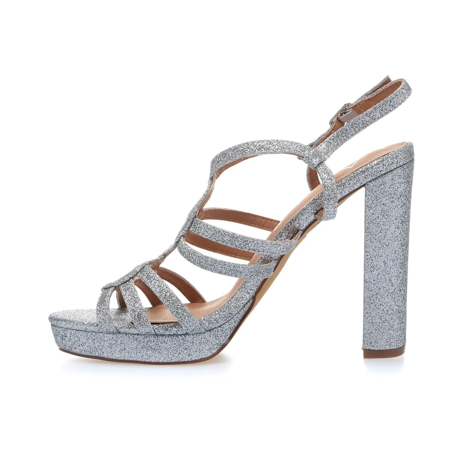 Sandali argento glitterati con tacco e plateau