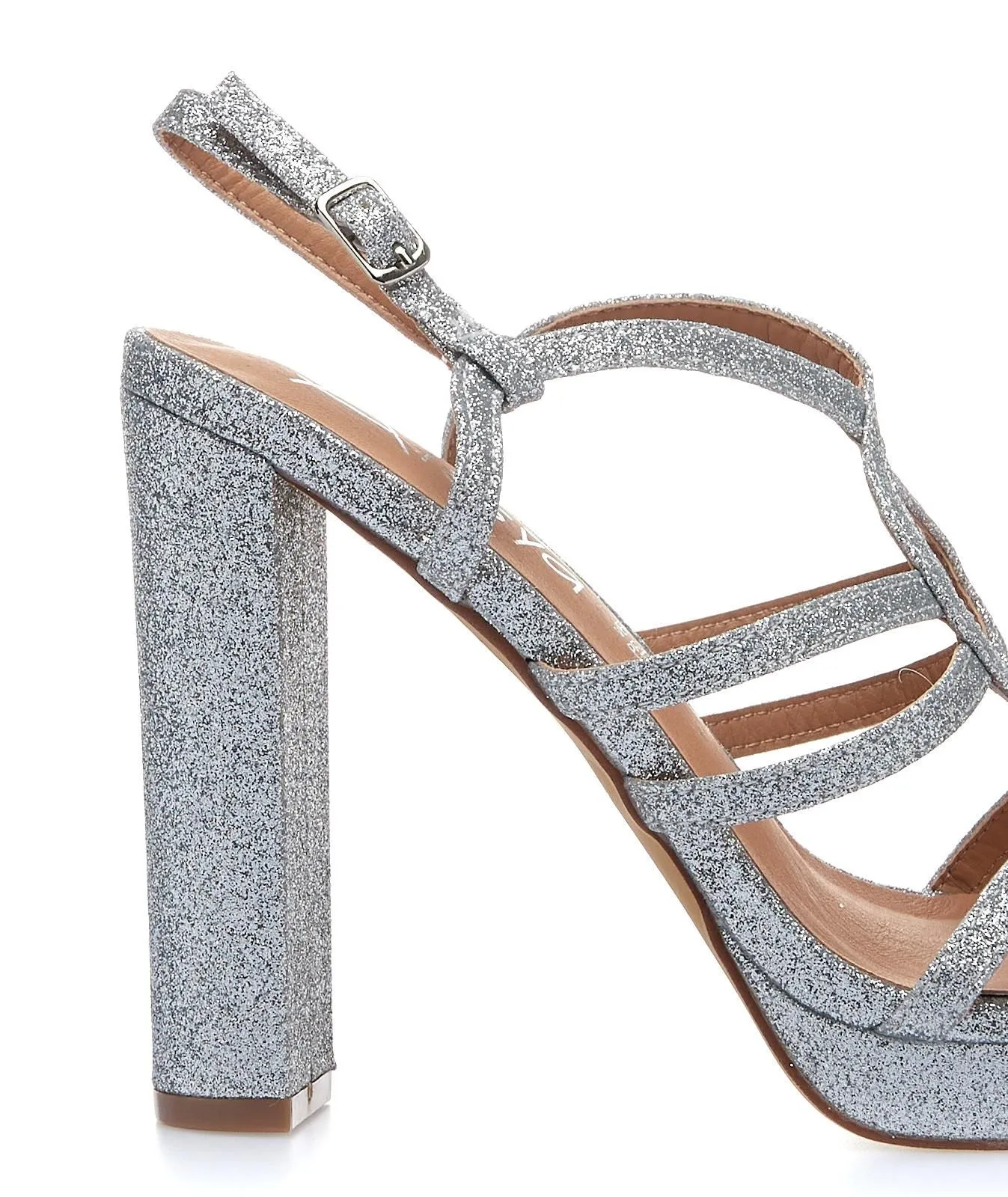 Sandali argento glitterati con tacco e plateau