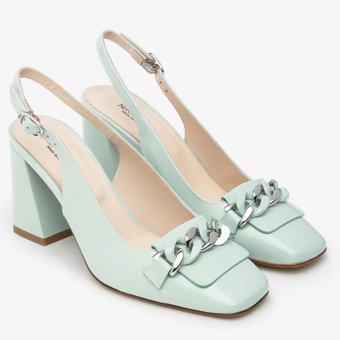 Slingback NeroGiardini in vernice verde acqua