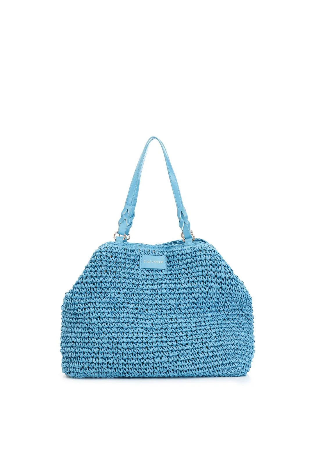tote a lavorazione crochet con charm colorato a cuore con bordo in rafia acqua marina