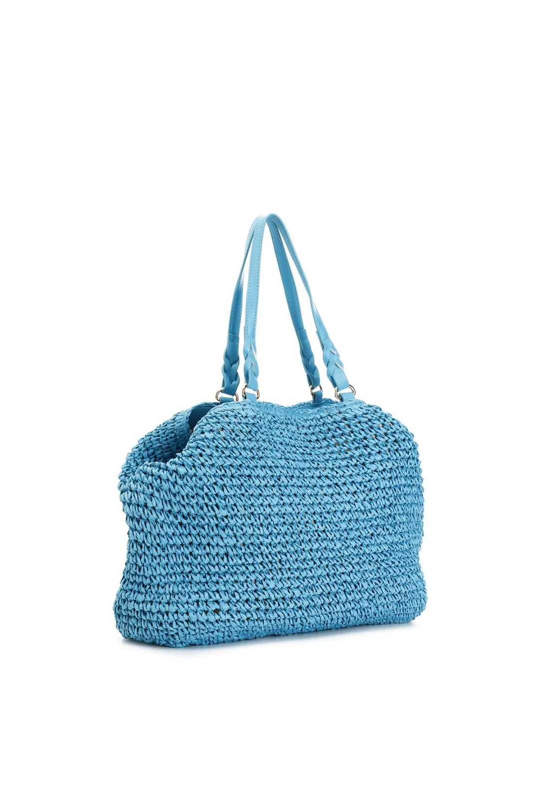 tote a lavorazione crochet con charm colorato a cuore con bordo in rafia acqua marina