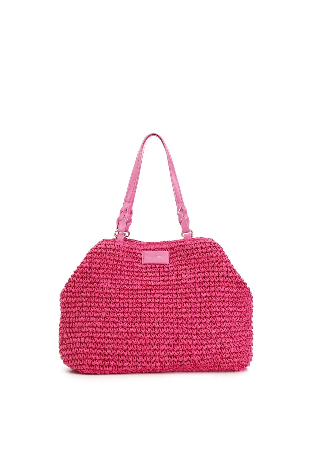 tote a lavorazione crochet con charm colorato a cuore con bordo in rafia fuxia