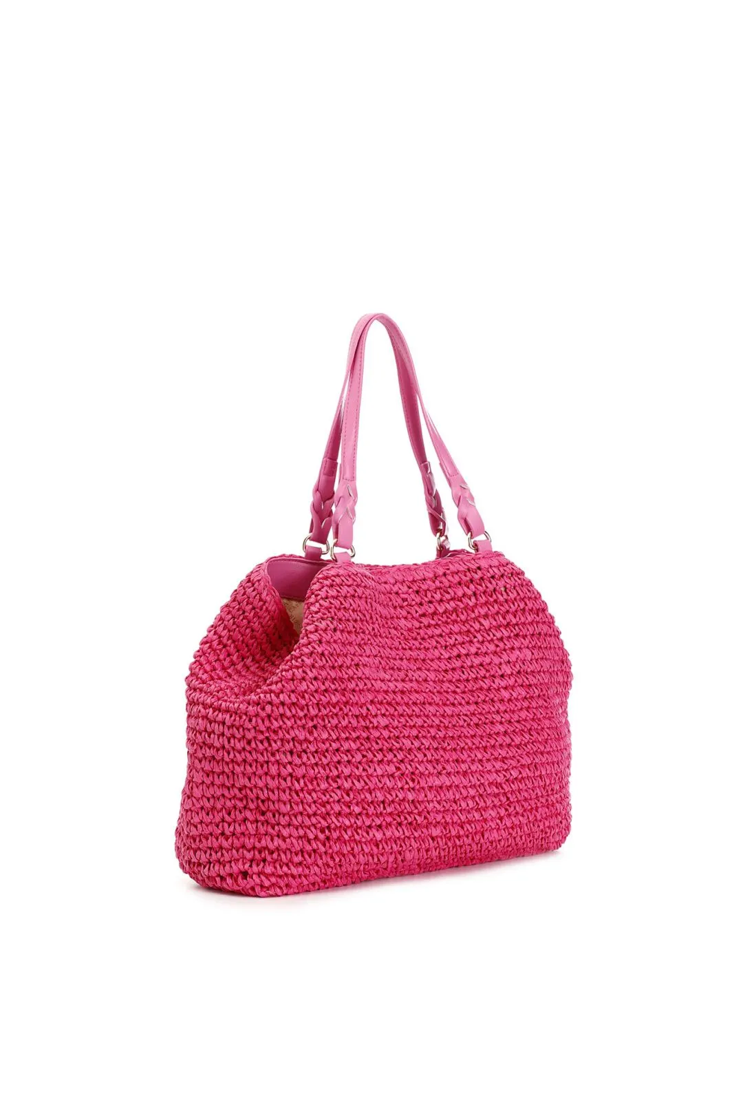 tote a lavorazione crochet con charm colorato a cuore con bordo in rafia fuxia