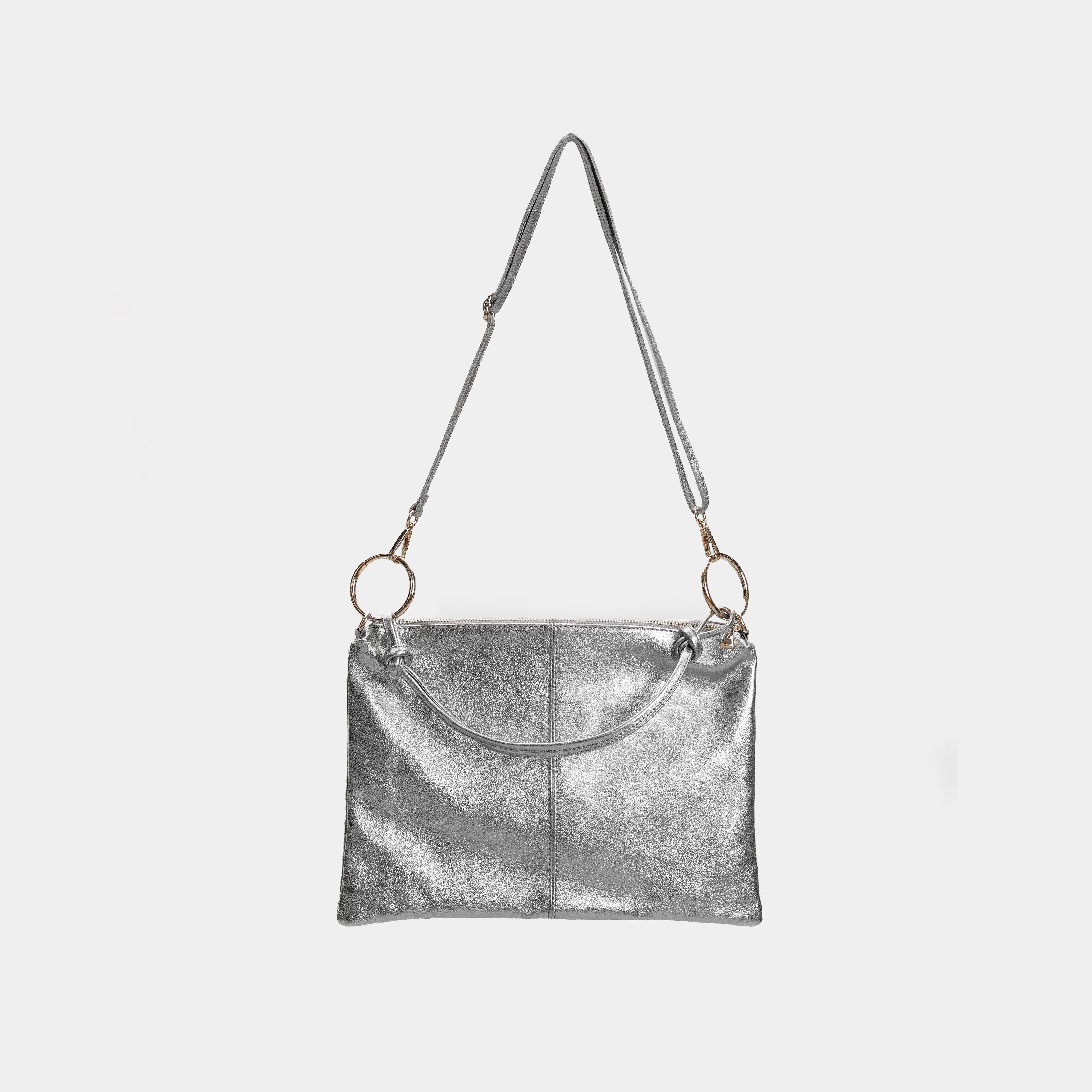 W by Whitemood-Borsa a spalla in pelle laminata - argento